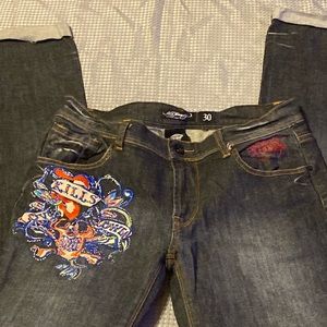 NWOT vintage Ed Hardy skull rhinestone embroidered jeans size 30